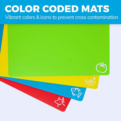 Extra Thick Flexible Plastic Cutting Board Mats With Holes For Hanging And Food Icons & "EZ-Grip" Waffle Back, (Set of 4) Dishwasher Safe