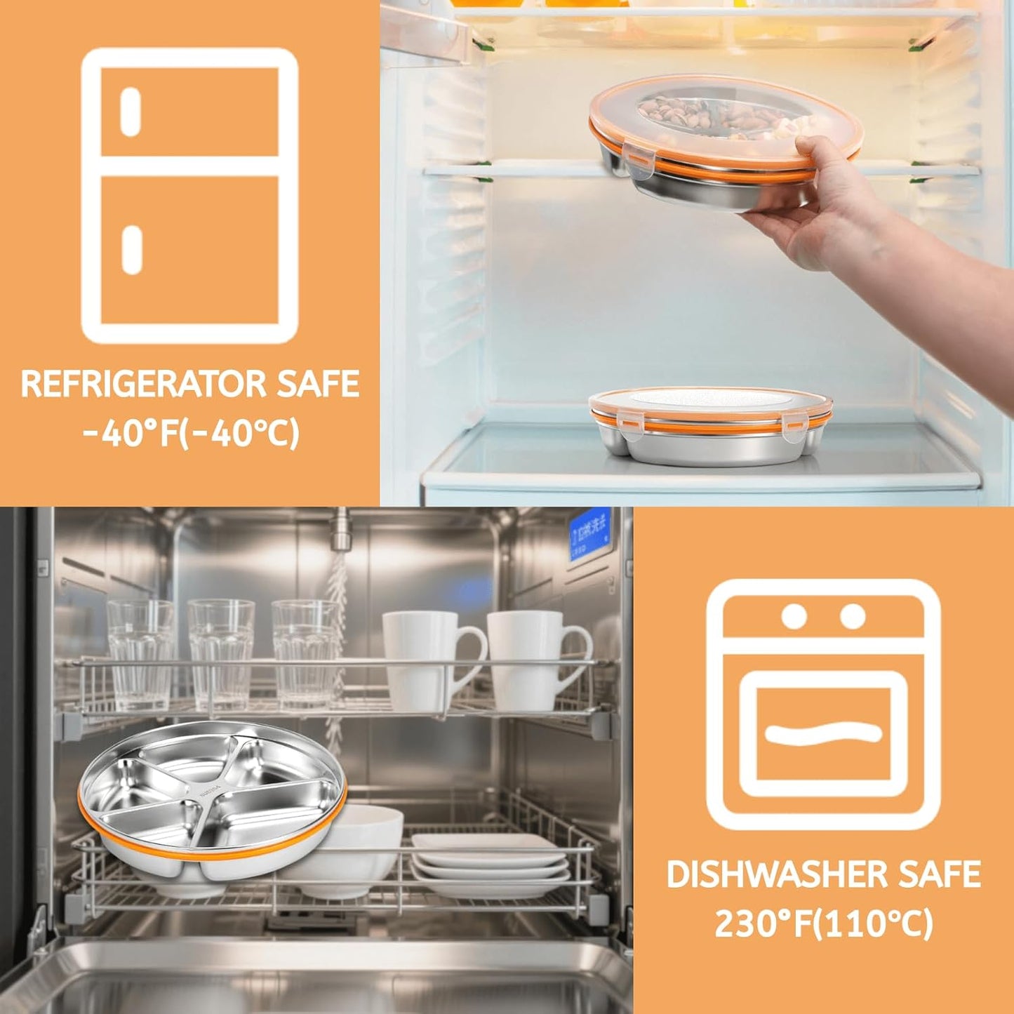 Youeon 2 Pack Stainless Steel Divided Serving Tray with Lid, 5 Compartments Round Veggie Tray Snack Box, Reusable Sectioned Food Storage Container for Meal Prep, Party, Entertaining