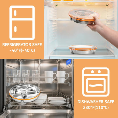 Youeon 2 Pack Stainless Steel Divided Serving Tray with Lid, 5 Compartments Round Veggie Tray Snack Box, Reusable Sectioned Food Storage Container for Meal Prep, Party, Entertaining