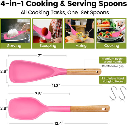 Large Silicone Cooking Spoons Set, 2 Pcs Heat Resistant Serving Spoon, Multifunction Nonstick Spatula Spoon, Kitchen Cucharras de Silicona for Mixing, Stiring, Basting, Scooping, Scraping