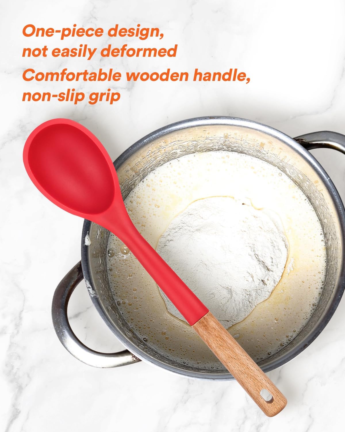 Large Silicone Cooking Spoons, Nonstick Solid Wooden Handle Spoon, Heat Resistan Silicone Kitchen Spoons for Cooking, Serving, Basting, Mixing, 13.2inch (Grey)
