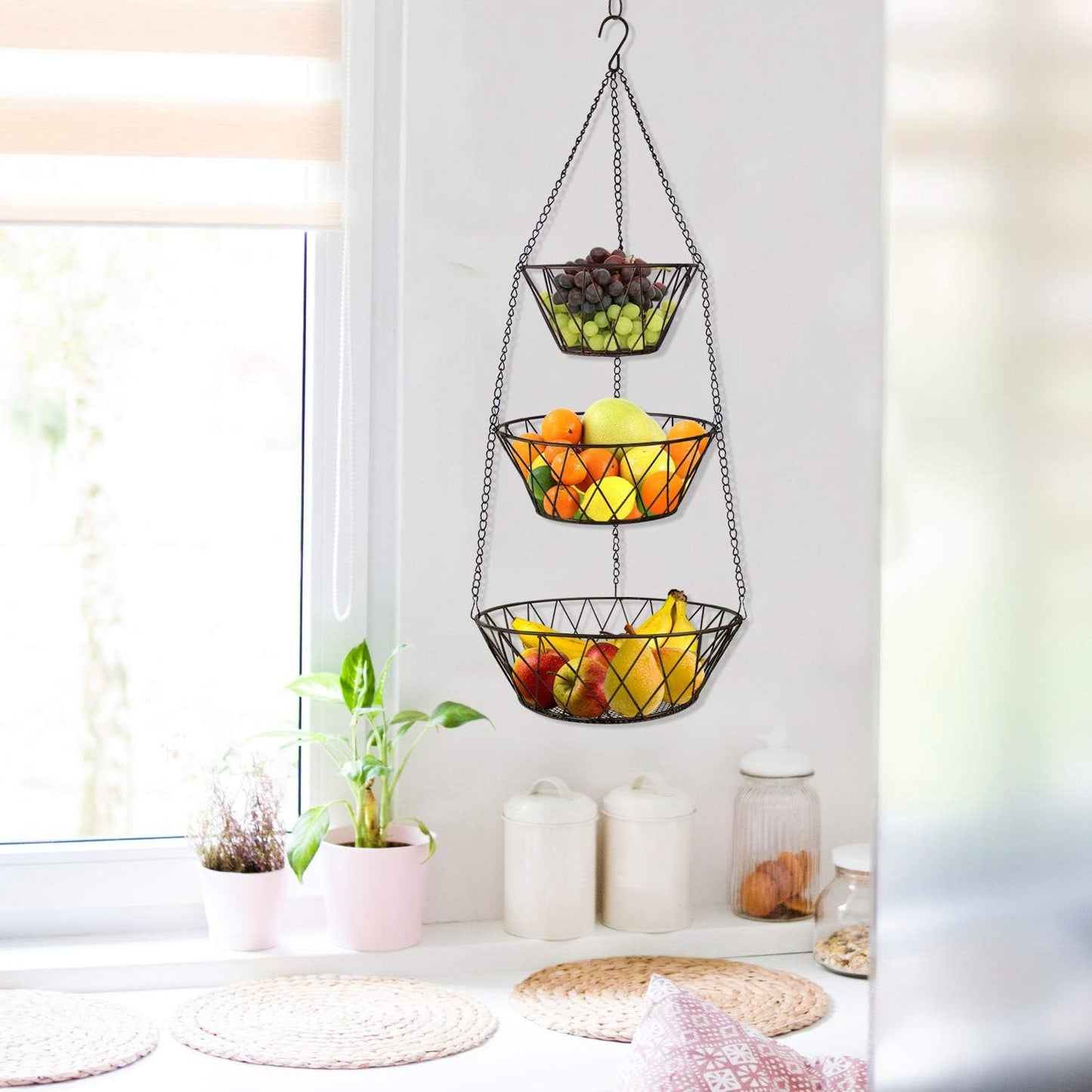 Heavy Duty - 3 Tier Hanging Kitchen Black Fruit Basket