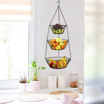 Heavy Duty - 3 Tier Hanging Kitchen Black Fruit Basket