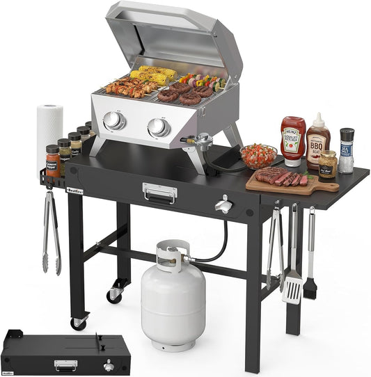 BESTFIRE 2-Burner Tabletop Propane Grill with Foldable Grill Cart, Portable Gas BBQ Station with Wheels & Prep Table, Dual-Fuel Setup for 1lb & 20lb Tanks, Stainless Steel Outdoor Kitchen for Camping
