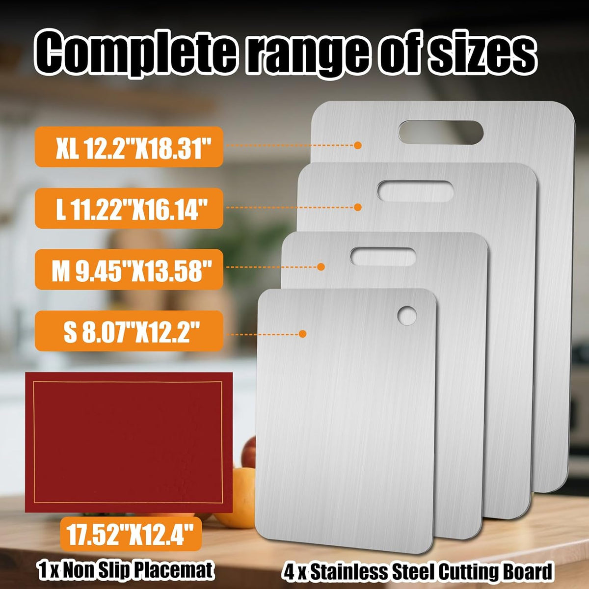 4 Pcs Stainless Steel Cutting Board, Metal Cutting Boards for Kitchen, Dishwasher Safe Chopping Board with Extra Anti-Slip Placemat (17.9"×11.8", 15.3"×11", 13.4"×9", 11.4"×7.8")