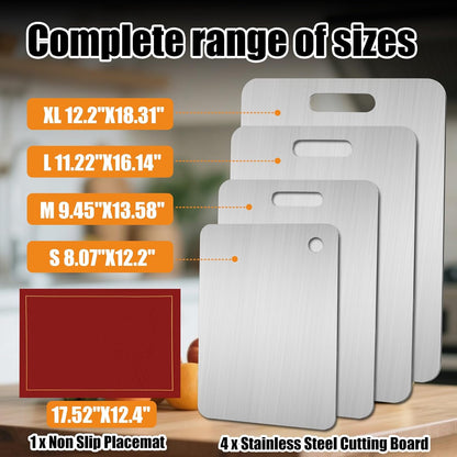 4 Pcs Stainless Steel Cutting Board, Metal Cutting Boards for Kitchen, Dishwasher Safe Chopping Board with Extra Anti-Slip Placemat (17.9"×11.8", 15.3"×11", 13.4"×9", 11.4"×7.8")