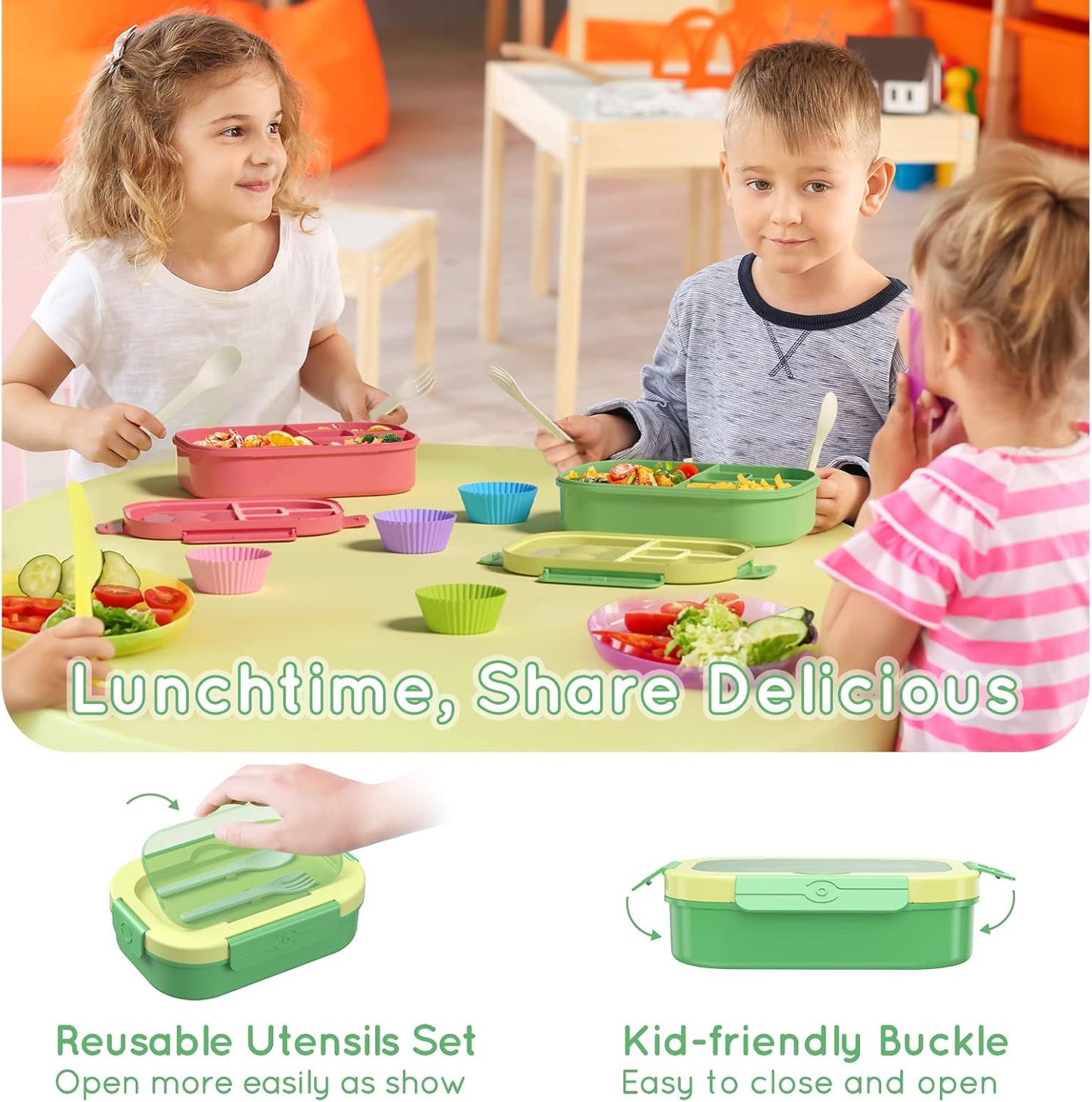 Lunch Box Kid Adult Bento Box, 4-Compartment Food Lunch Containers with Fork & Spoon, BPA Free, Leak-Proof Bento-Style Lunch Box for Work School, Microwave & Dishwasher Safe (Candy)