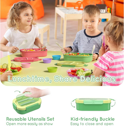 Lunch Box Kid Adult Bento Box, 4-Compartment Food Lunch Containers with Fork & Spoon, BPA Free, Leak-Proof Bento-Style Lunch Box for Work School, Microwave & Dishwasher Safe (Candy)