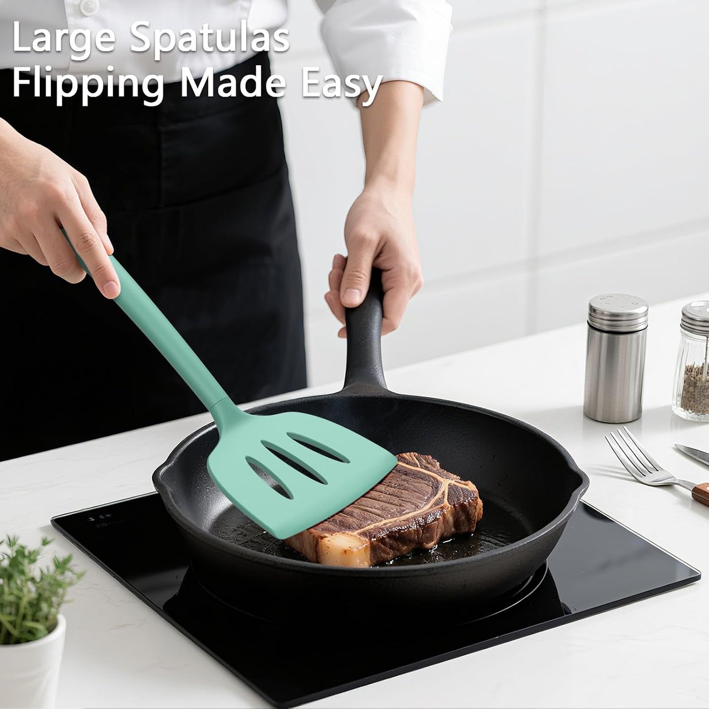 Coukre 3 Pack Silicone Spatula Set, High Heat Resistant, BPA-Free, Fish Spatula, Solid & Slotted Turner for Non-Stick Pans, Flipping Eggs, Pancakes, Fish, Burgers (3, PureBlack)