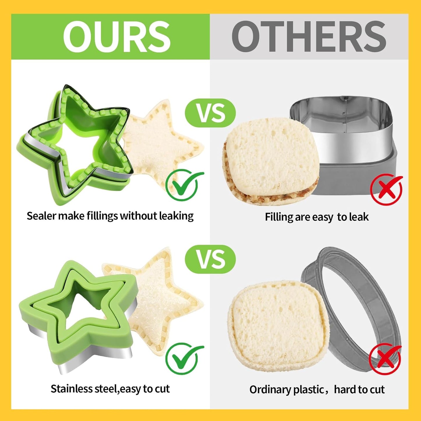 BakingWorld Sandwich Cutter and Sealer,Set of 4 Bread Sandwich Decruster Pancake Maker DIY Cookie Cutters for Kids Bento Box,Round Heart Star Square Shapes Sandwich Decruster Press Mold