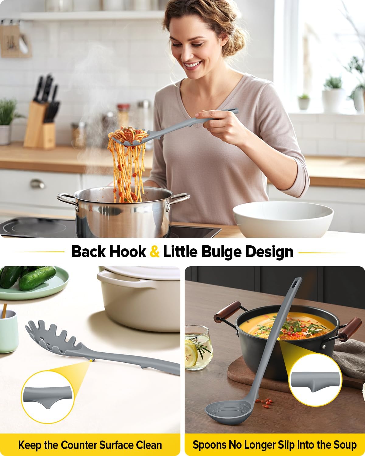 Silicone Cooking Utensils Set, 9 Pcs Heat Resistant Kitchen Utensils with Back Hooks, BPA Free Kitchen Tools with Spatulas, Spoons, Skimmer and Pasta Fork for Non Stick Cookware(KHAKI)