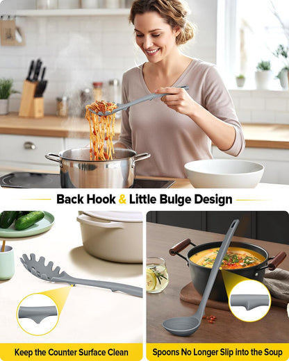 Silicone Cooking Utensils Set, 9 Pcs Heat Resistant Kitchen Utensils with Back Hooks, BPA Free Kitchen Tools with Spatulas, Spoons, Skimmer and Pasta Fork for Non Stick Cookware(KHAKI)