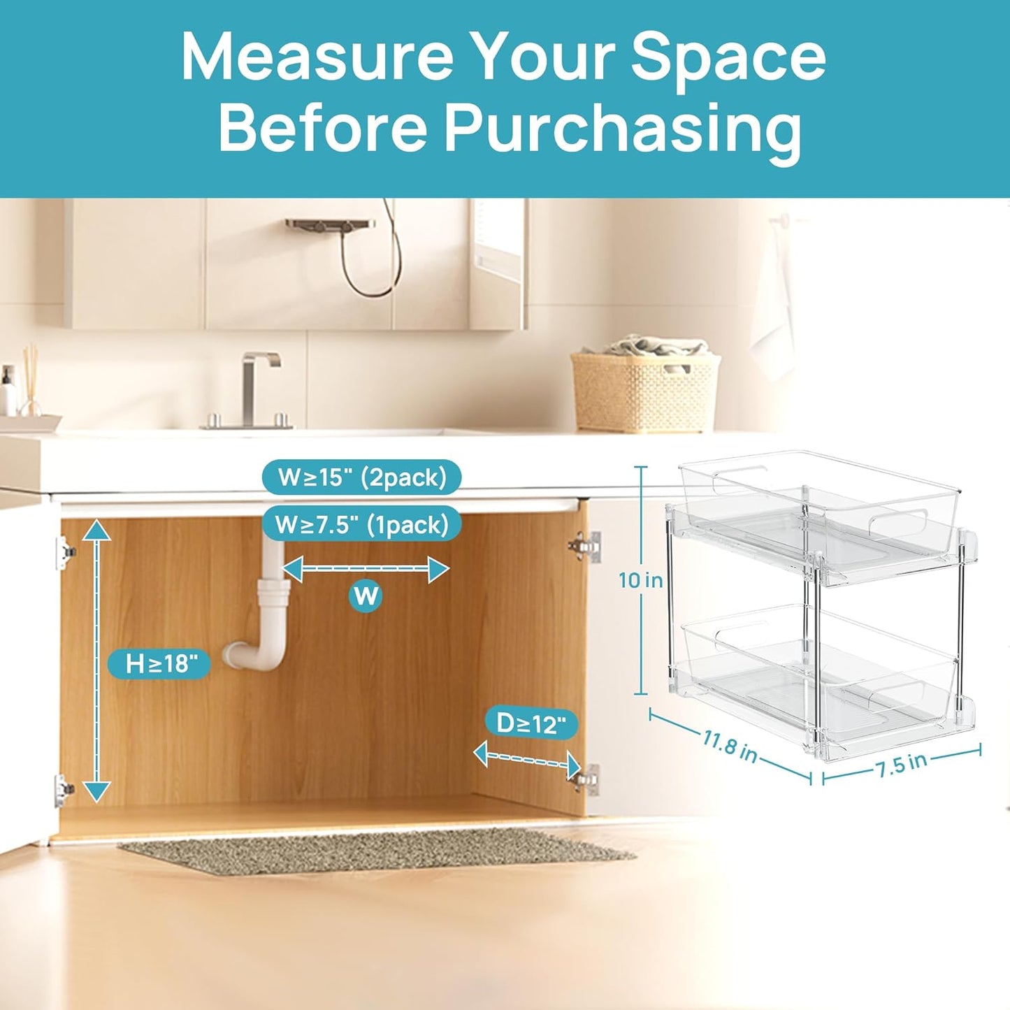 Vtopmart 4 Pack Bathroom Under Sink Organizers Organizer, 2 Tier Clear Pull-Out Organization (S-Standard)
