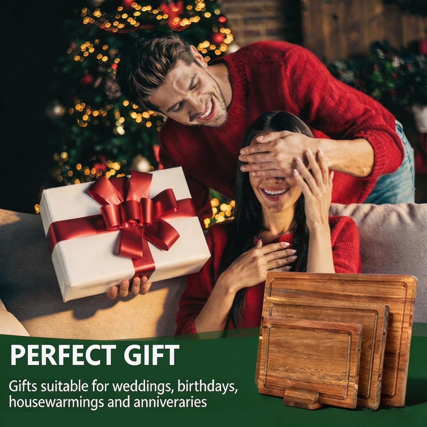 3 PCS Acacia Wood Cutting Boards for Kitchen With Wooden Storage Stand | Thick Chopping Boards, Deep Juice Grooves, Grip Handle, Non-slip Heavy Duty Charcuterie Board for Meat, Cheese and Vegetables