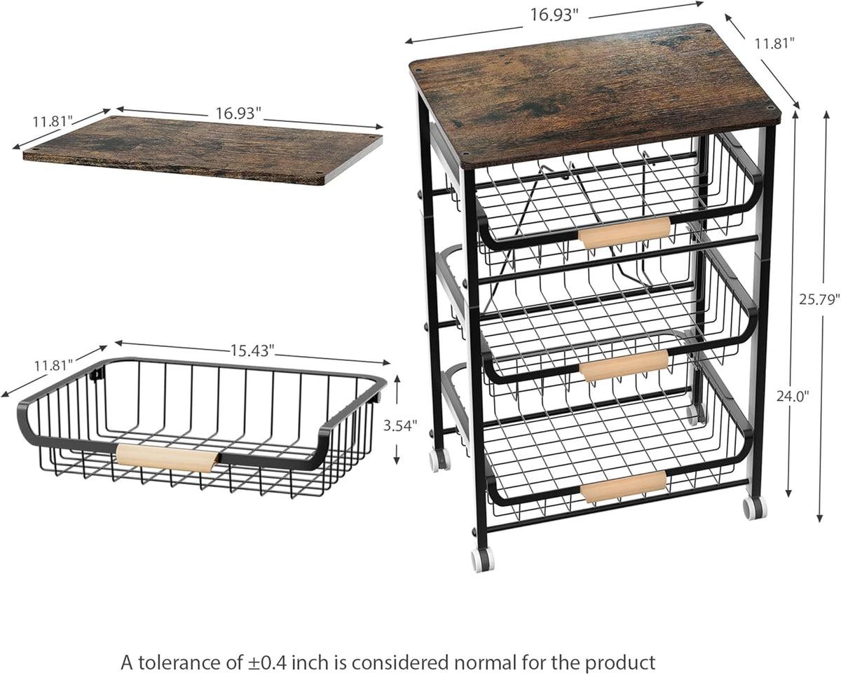 JAQ Slide Out Fruit Vegetable Basket for Kitchen, 4-Tier Rolling Storage Cart with Wooden Handle & Top, Metal Wire Produce Rack for Pantry Organization, Onion Potato Storage Bins for Small Space,White