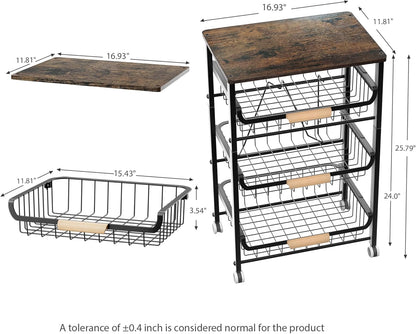 JAQ Slide Out Fruit Vegetable Basket for Kitchen, 4-Tier Rolling Storage Cart with Wooden Handle & Top, Metal Wire Produce Rack for Pantry Organization, Onion Potato Storage Bins for Small Space,White