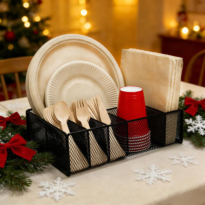 Paper Plate Organizer for Countertop - Metal Utensil Caddy Silverware Holder Cutlery Flatware Plastic Spoon Fork Plates Napkins Cup Storage Dispenser Party Picnic Essentials Camping Supplies