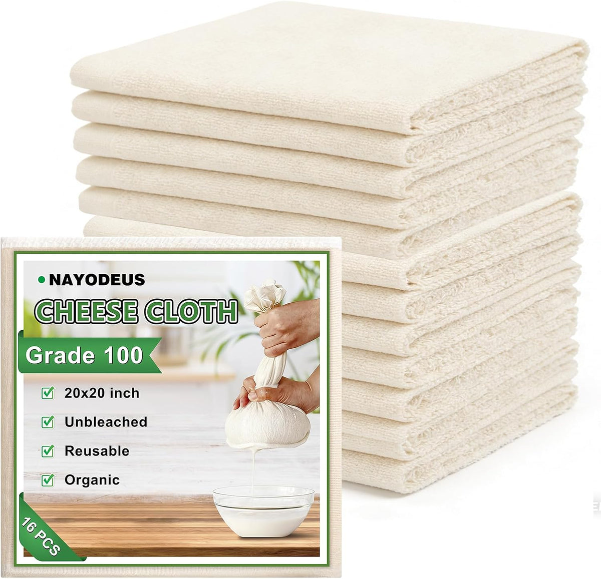 Reusable Cheese Cloths, Organic Cotton Cheese Cloths 20x20 inches, Suitable For Filtering, With Edges, Cheese-Making, Juicing, Baking and Turkey Cooking.