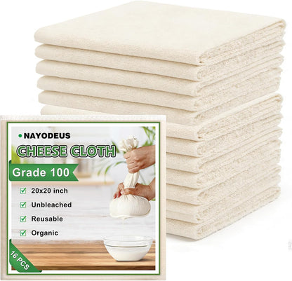 Reusable Cheese Cloths, Organic Cotton Cheese Cloths 20x20 inches, Suitable For Filtering, With Edges, Cheese-Making, Juicing, Baking and Turkey Cooking.