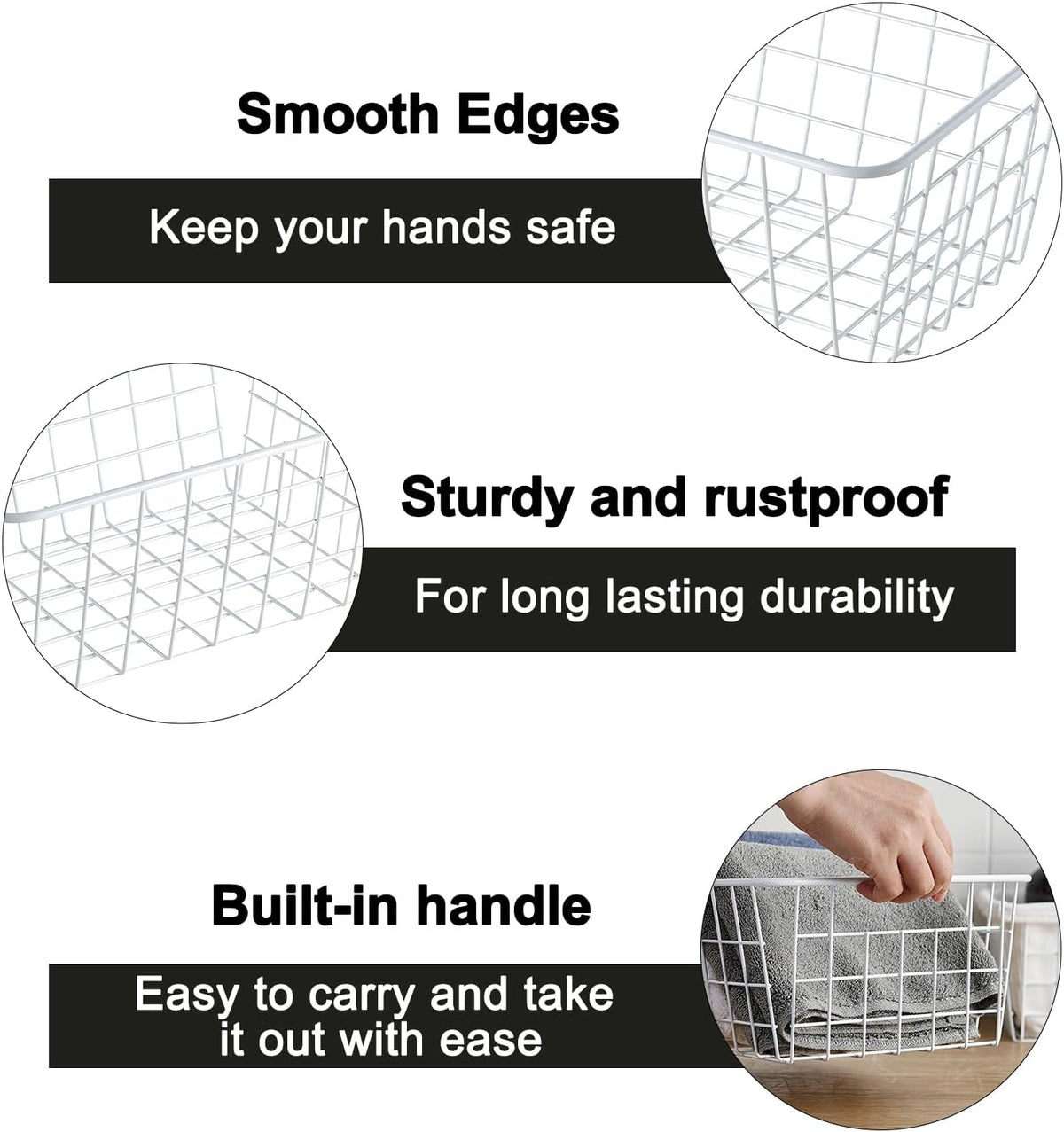 White Wire Storage Baskets,11.1"x8.7"x4.7"Wire Freezer Storage Organizer Bins Farmhouse Metal Freezer Basket with Handles for Cabinets, Pantry, Closets, Bedrooms,White,4 Pack