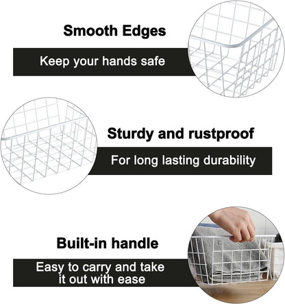 White Wire Storage Baskets,11.1"x8.7"x4.7"Wire Freezer Storage Organizer Bins Farmhouse Metal Freezer Basket with Handles for Cabinets, Pantry, Closets, Bedrooms,White,4 Pack