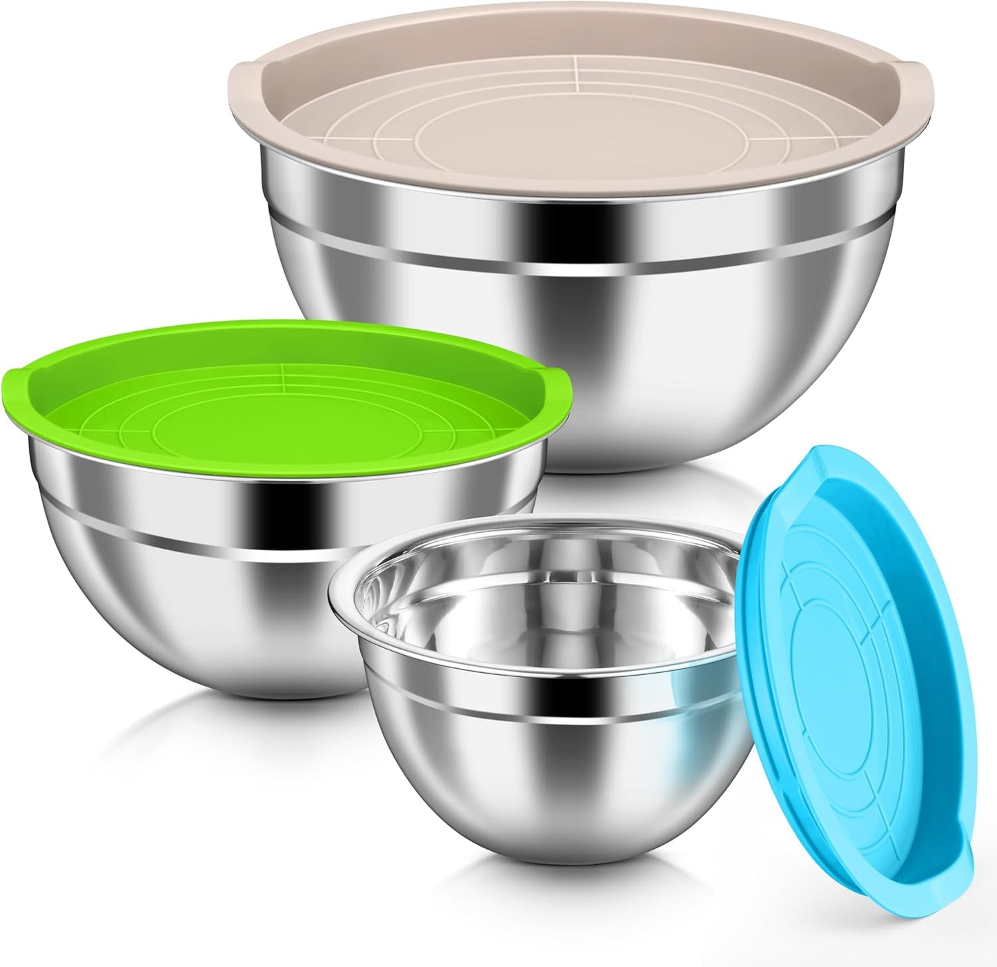 HaWare Mixing Bowls with Airtight Clear Lids, 6-Piece Stainless Steel Strong Nesting Bowls Set, Metal Salad Bowl for Cooking, Prepping, Baking, Serving & Food Storage, Size 4.6, 3, 1.5QT, Khaki