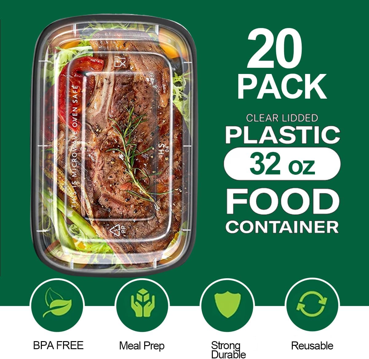 Meal Prep Containers [20 Pack] 1 Compartment 32OZ Food Storage Containers with Lids, Reusable Bento Boxes, BPA Free, Stackable, Microwave/Dishwasher/Freezer Safe