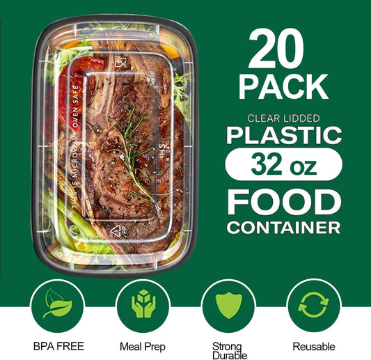 Meal Prep Containers [20 Pack] 1 Compartment 32OZ Food Storage Containers with Lids, Reusable Bento Boxes, BPA Free, Stackable, Microwave/Dishwasher/Freezer Safe