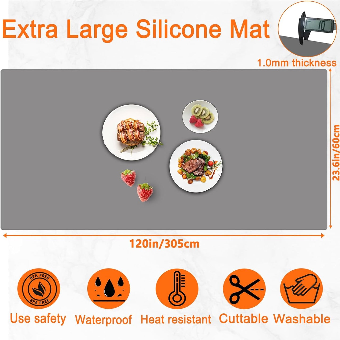 72''x16'' Extra Large Silicone Mat for Kitchen Counter, Heat Resistant Countertop Protector, Non-Slip Waterproof Kitchen Island Mat, Easy to Clean, Light Gray