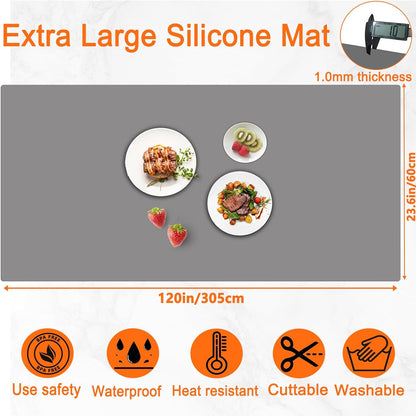 72''x16'' Extra Large Silicone Mat for Kitchen Counter, Heat Resistant Countertop Protector, Non-Slip Waterproof Kitchen Island Mat, Easy to Clean, Light Gray