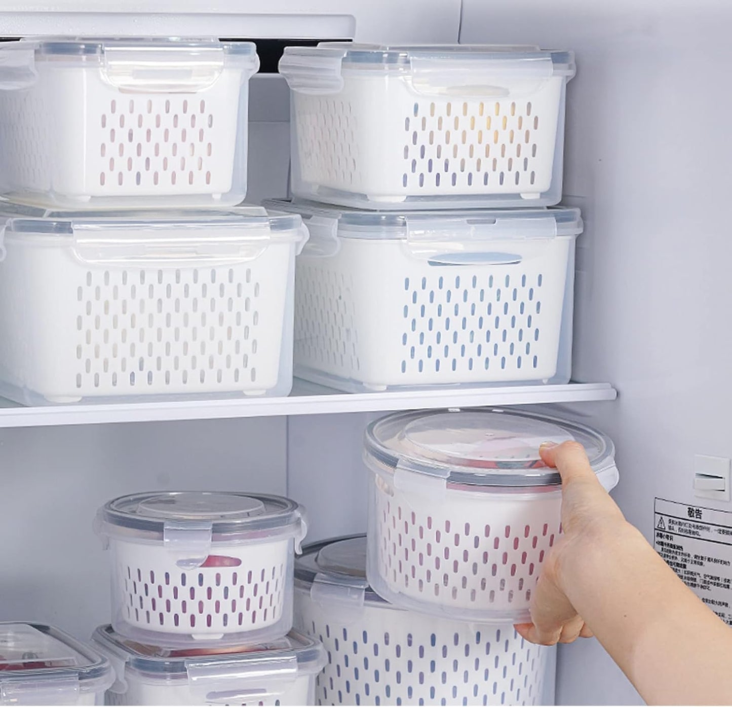 3Pack Fridge Food Storage Container Set with Lids with Strainer,Plastic Fresh Produce Saver Vegetable Fruit Meat Storage Organization, BPA-Free Plastic Produce Keepers(3.15L+1.7L+0.8L)
