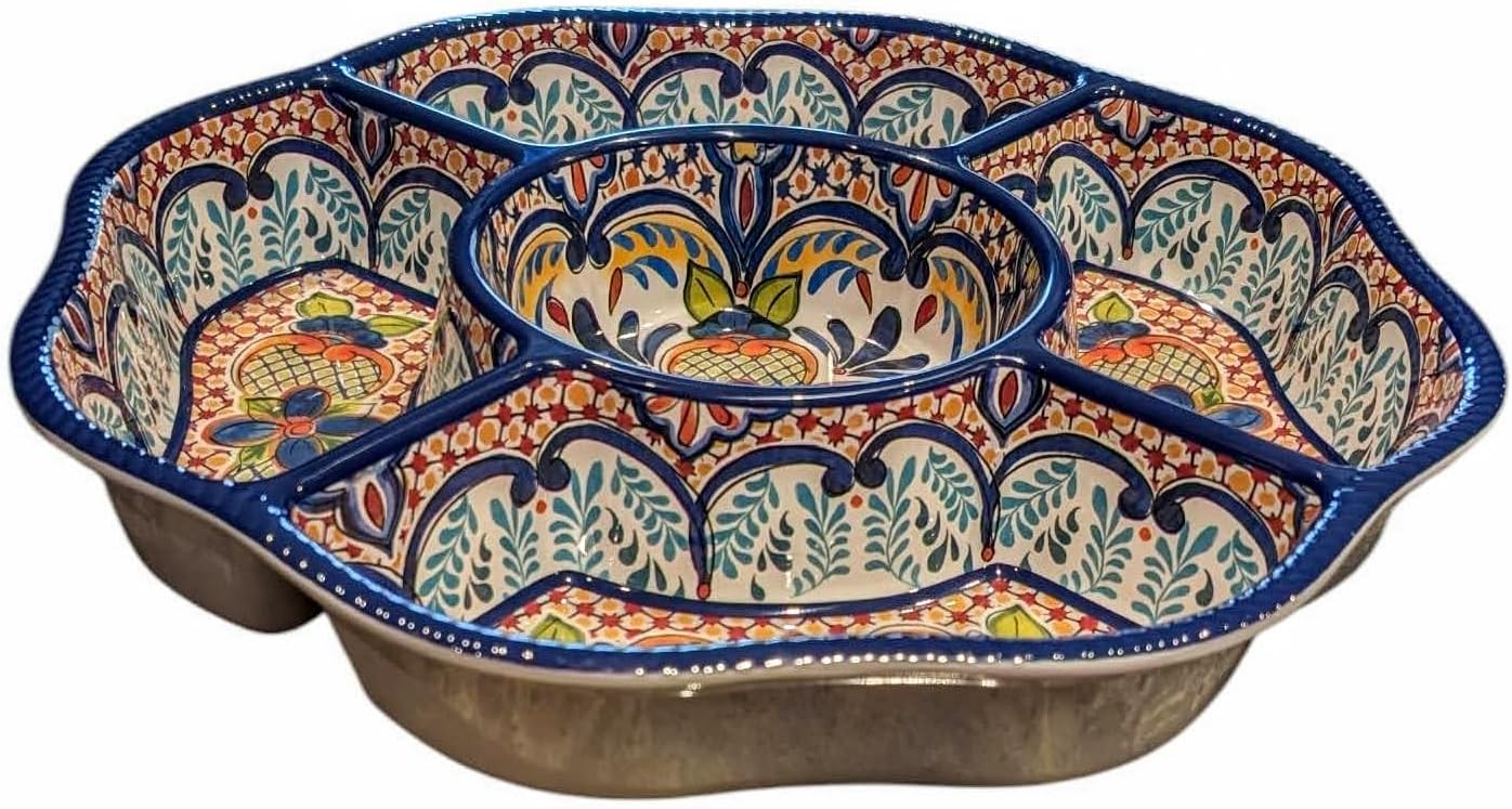 Melamine Plastic Serving Tray with 5 Compartments, Spanish Style Medallion, 15x15x2.5 Inches, for Chips and Dip