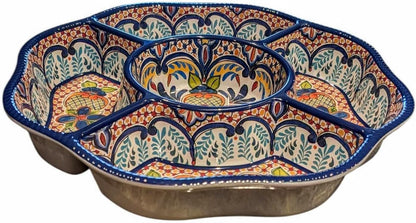 Melamine Plastic Serving Tray with 5 Compartments, Spanish Style Medallion, 15x15x2.5 Inches, for Chips and Dip