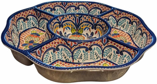 Melamine Plastic Serving Tray with 5 Compartments, Spanish Style Medallion, 15x15x2.5 Inches, for Chips and Dip