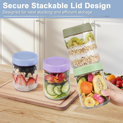 Overnight Oats Containers with Lids, 10oz Wide Mouth Mason Jars with Lids, 9 Pack Glass Jars with Airtight lid for Chia Pudding Yogurt Salad, Meal Prer Oatmeal Jars, Pink