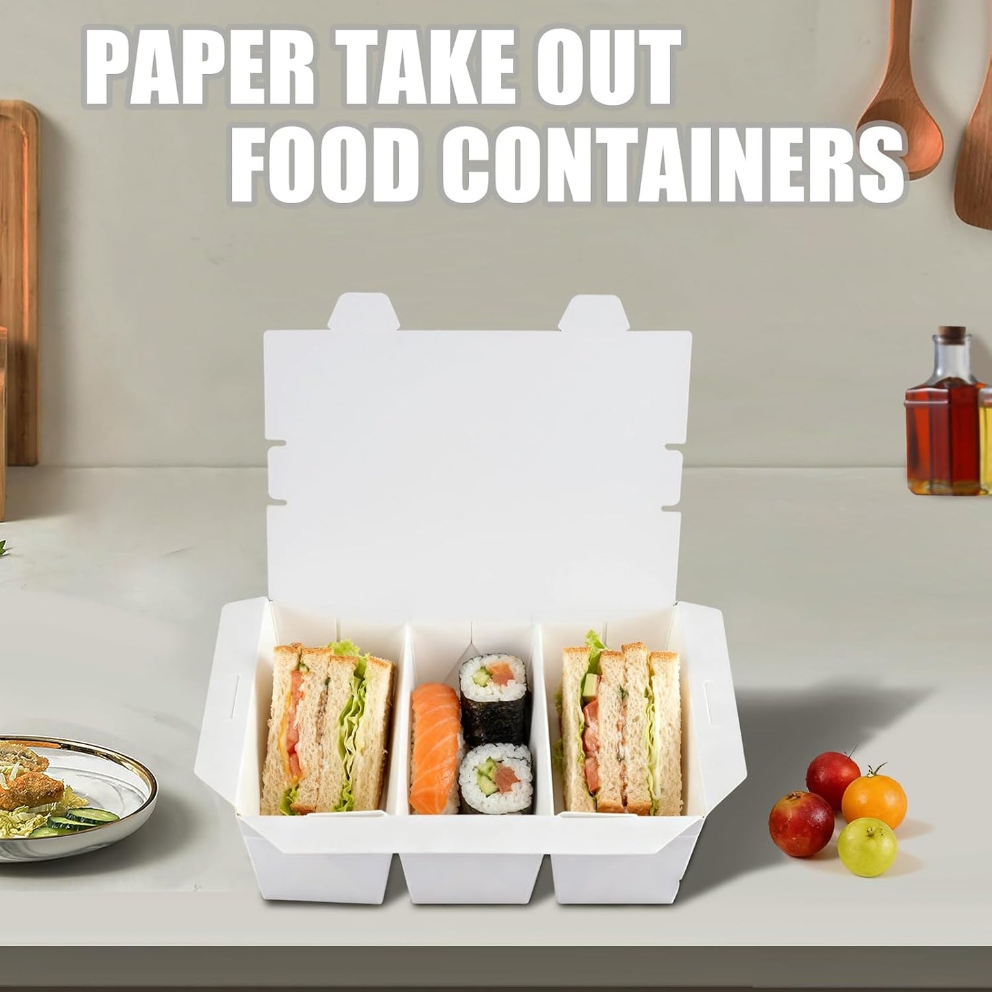 30 Pack 3 Compartment Take Out Food Containers, 7.5x5.4x2.6" Bamboo Pulp Paper Take Out Boxes, Disposable To Go Container Take Out Containers, Greaseproof Paper Bento Box Takeout Lunch Boxes with Lid