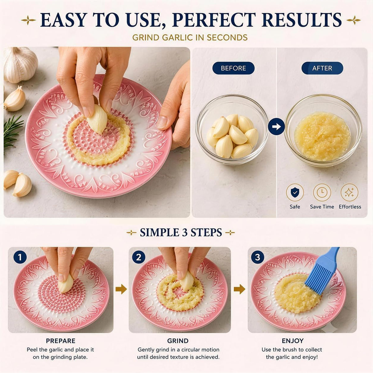 Ceramic Garlic Grater Plate Set with Rack, Peeler & Improved Brush (Blue)