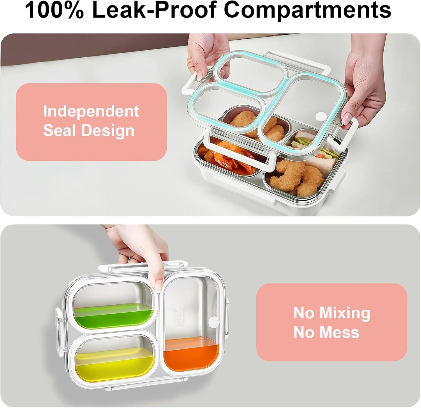 25oz 18/8 Stainless Steel Lunch Box Kit (Bento Box + Fork/Spoon) - 3 Leakproof Compartments - Metal Snack Box for Kids & Adults - School/Office/Travel - Dishwasher Safe (Beige)