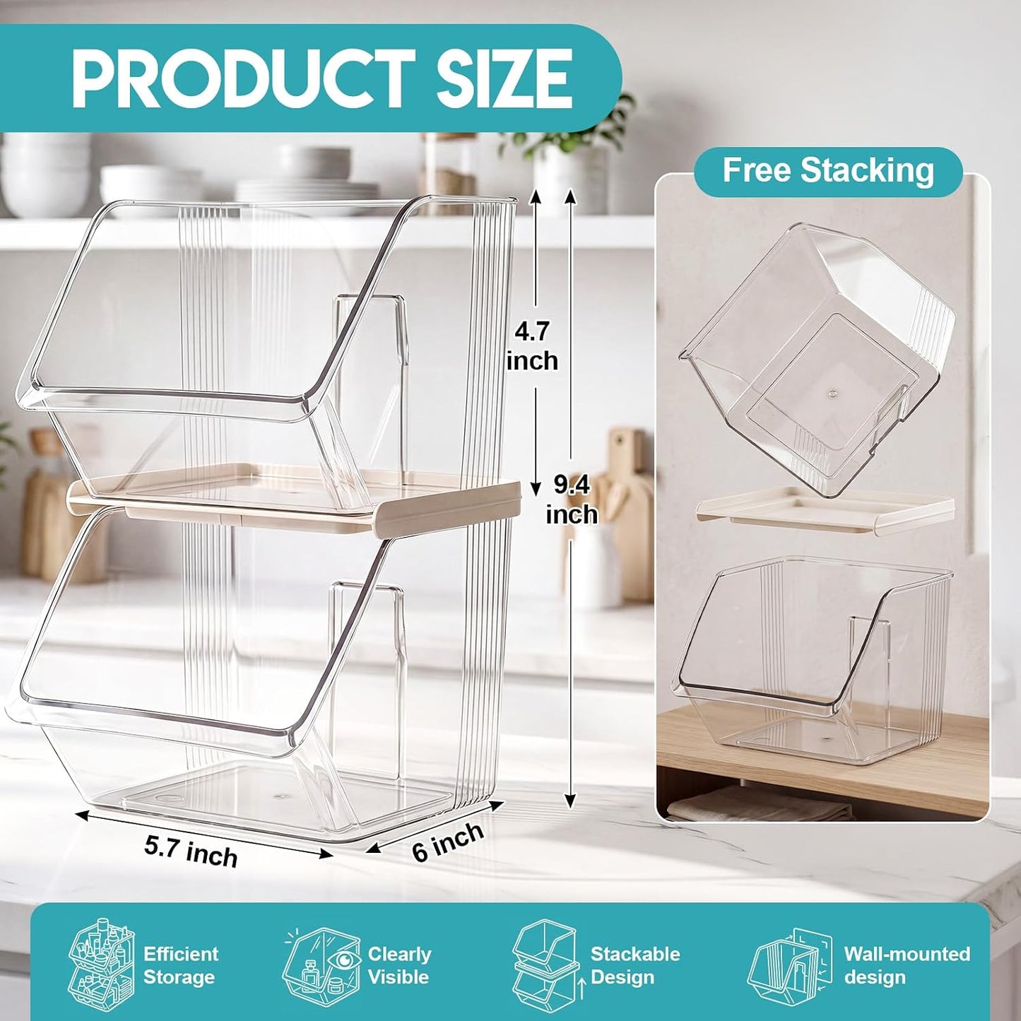 4 Pcs Clear Plastic Storage Bins Stackable Pantry Storage Organizer Kitchen Cabinet Organizers Ideal Containers for Tea Sugar Bag Coffee Pod Office Fridge Caddy