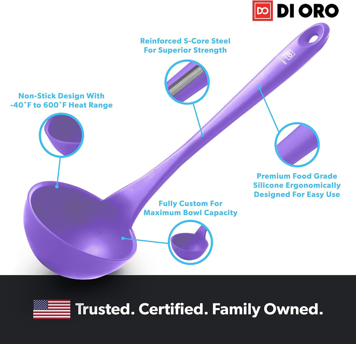 DI ORO Silicone Ladle - Soup & Serving, 600F Heat Resistant, Black