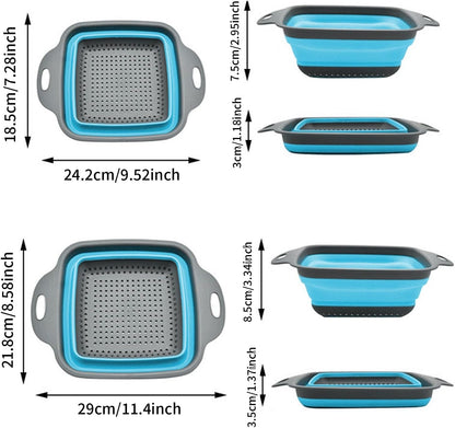 2 PCS Collapsible Colander, Collapsible Strainers for Kitchen, 11.5 inch Silicone Strainer and 9.5 inch Silicone Colander for Draining Vegetable fruit, Kitchen Food Strainer, Blue (Green)