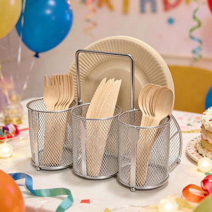 Silverware Organizer Utensil Caddy - 4 Compartment Metal Cutlery Holder Flatware Storage Basket Fork Spoon Napkin Paper Plate Kitchen Countertop Party Picnic Camping Buffet Outdoor (Gold)