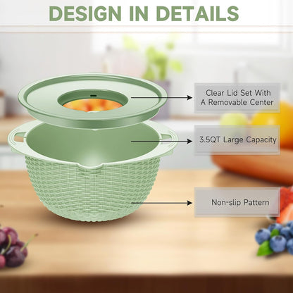 4-1 Colander with Bowl & Spoons Set - Rotatable Colander for kitchen with New Upgraded Graters, Food Strainer(Patented) for Pasta, Fruits, Vegetables, Funny Presents for Women, Beige