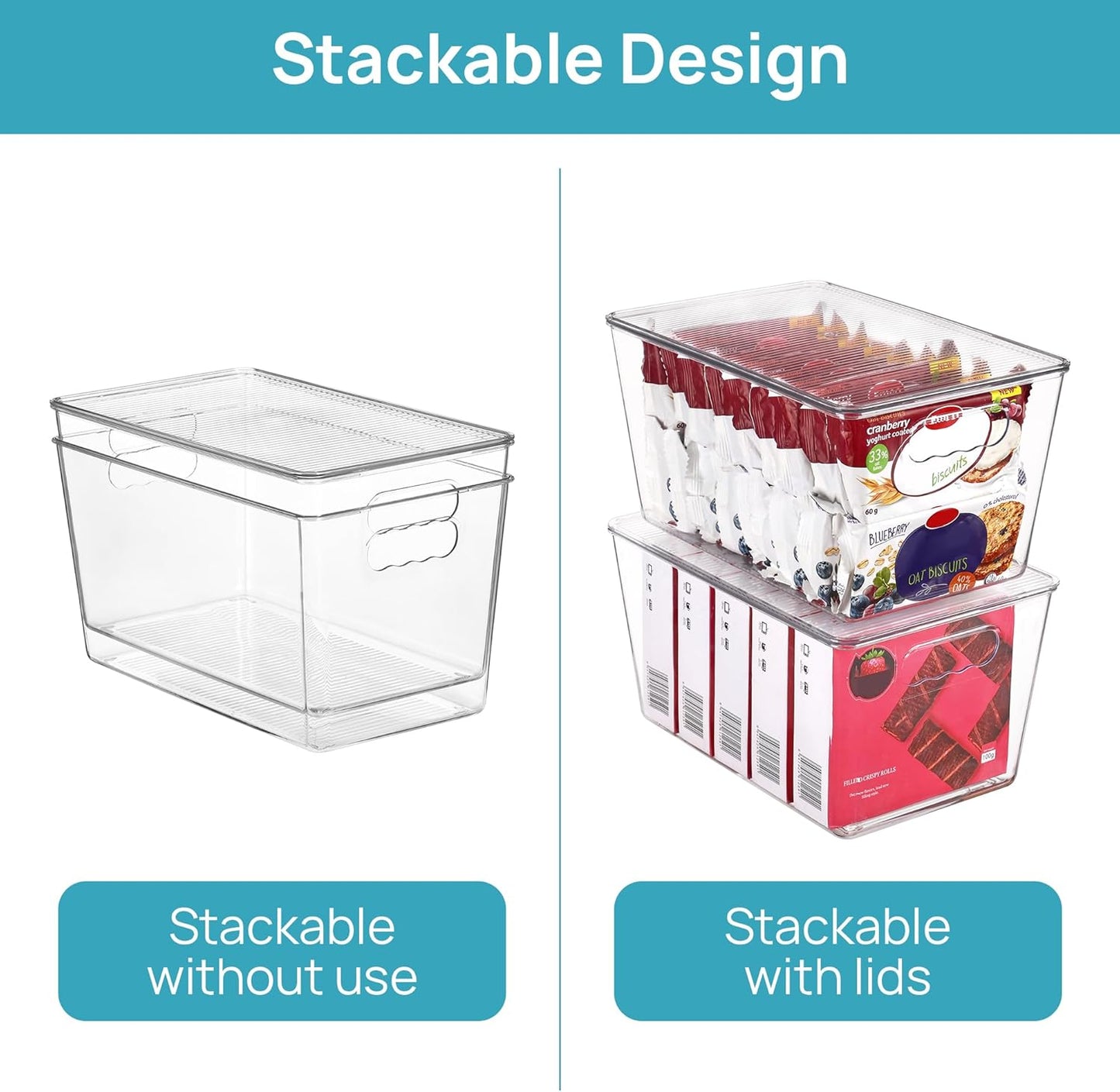 Vtopmart 6 Pack Clear Stackable Storage Bins with Lids, Medium Plastic Containers with Handle for Pantry Organizer and Storage,Perfect for Kitchen,Fridge,Cabinet, Closet,Bathroom Organization