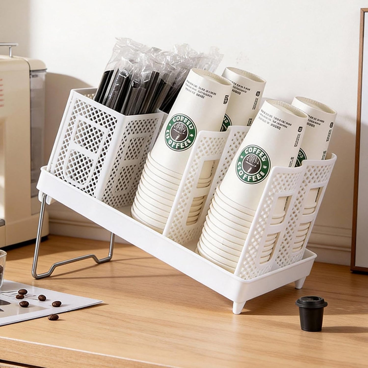 Detachable Paper Cup and Lid Holder, 6 Slots Disposable Cup Dispenser with Straw Organizer, Countertop Organizer for Coffee Station Bar Restaurant Office Breakroom (White)