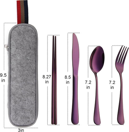 DEVICO Camping Utensils, Full-Size Reusable Silverware for Lunch Adult, Stainless Steel Travel Cutlery Set with Case, Portable Fork Spoon Knife Set for Work, Flatware with Chopsticks (Rainbow)