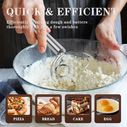 Hand Whisk Stainless Steel Dough Hook Dutch Whisk for Sourdough Bread Dough Mixer Hand Wooden Handle Kitchen Whisking Mixing Tool Bread Making Tools (1 eye)