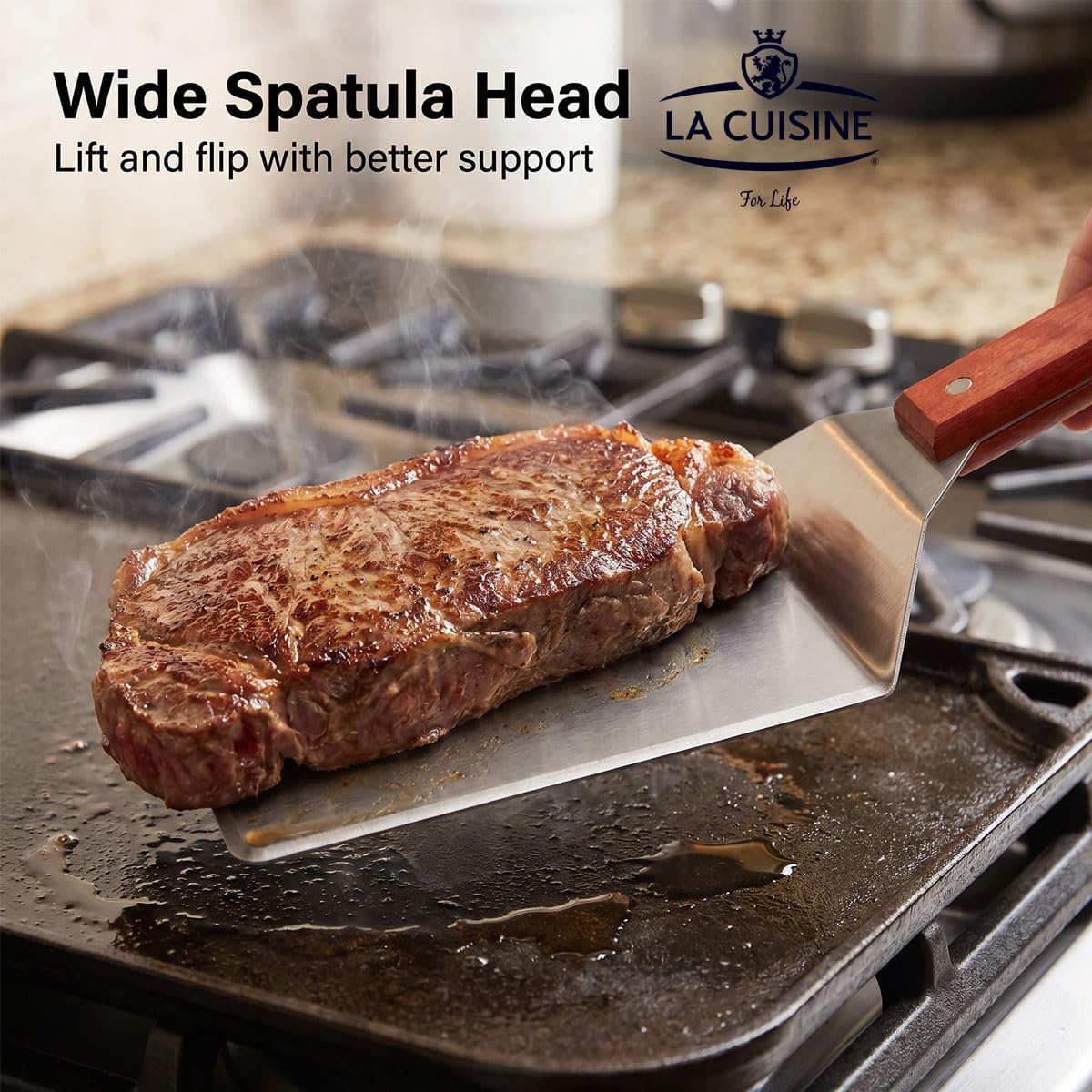 La Cuisine Extra Flexible Stainless Steel Fish Slotted Spatula Turner with Beveled Edge Wood handle, 6.5" Blade, 11" Length for Flipping Fish, Eggs, Pancakes, Patties & Fries