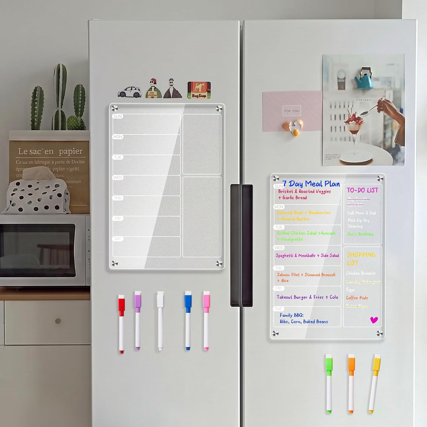 2 Pack Magnetic Meal Planner for Fridge, Acrylic Weekly Planner & Menu Board Set, Clear Fridge Whiteboard Calendar with 8 Markers & 1 Towel, Meal & Grocery Organization for Kitchen