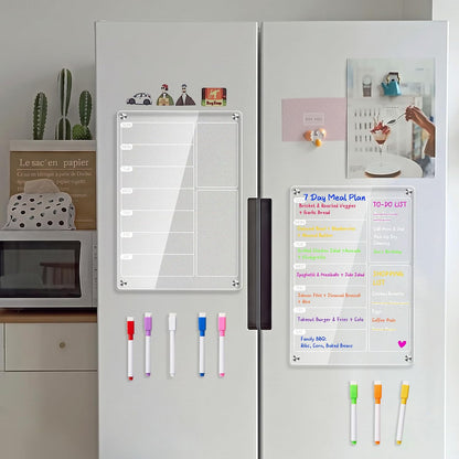 2 Pack Magnetic Meal Planner for Fridge, Acrylic Weekly Planner & Menu Board Set, Clear Fridge Whiteboard Calendar with 8 Markers & 1 Towel, Meal & Grocery Organization for Kitchen